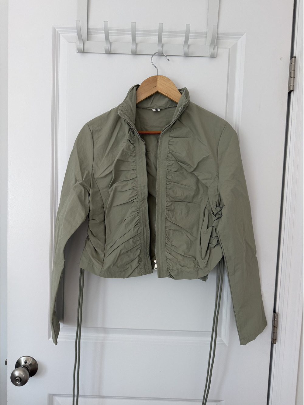 Light Olive Green Ruched Zip-Up Jacket with Drawstring Waist
